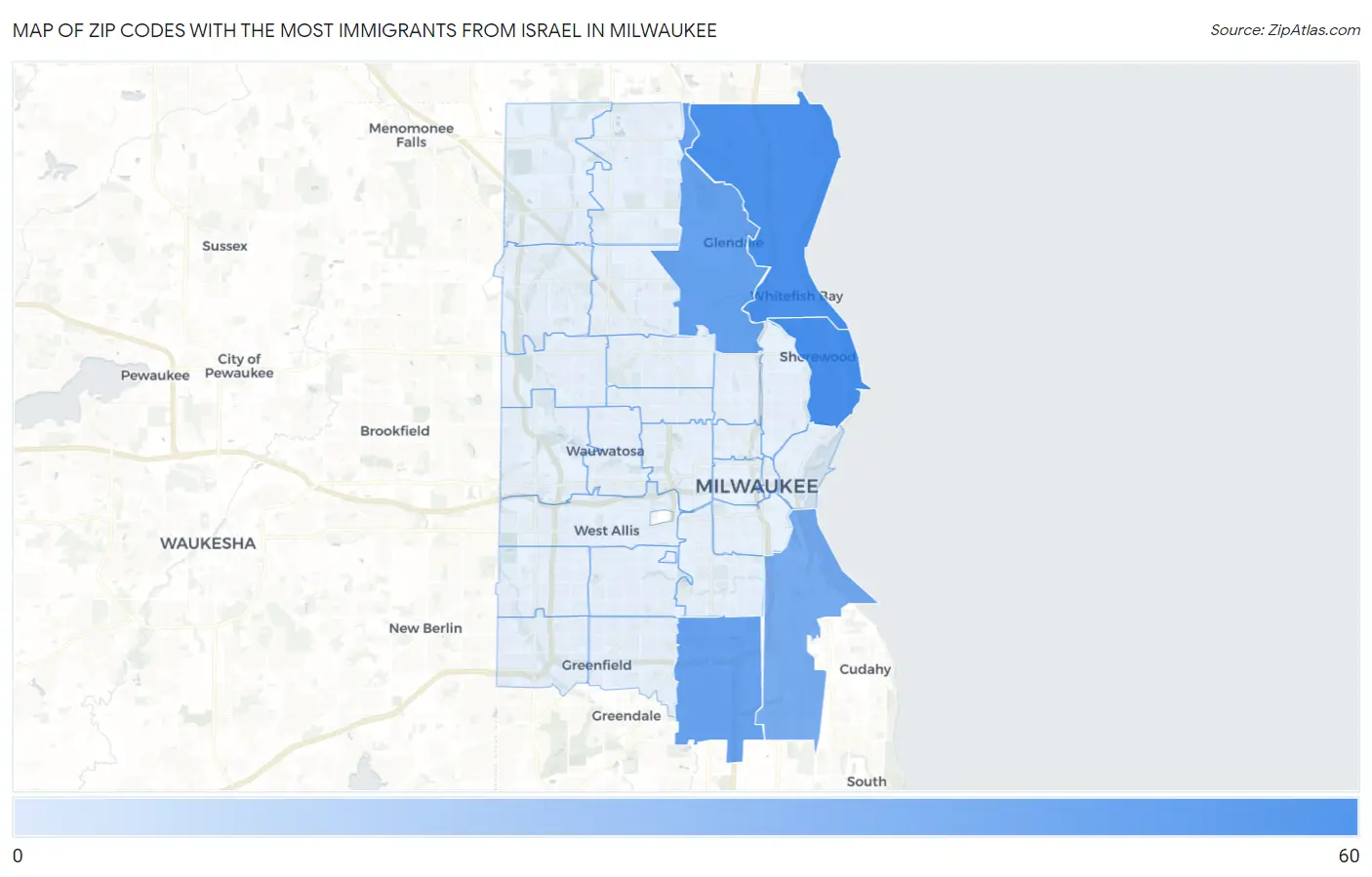 Zip Codes with the Most Immigrants from Israel in Milwaukee Map
