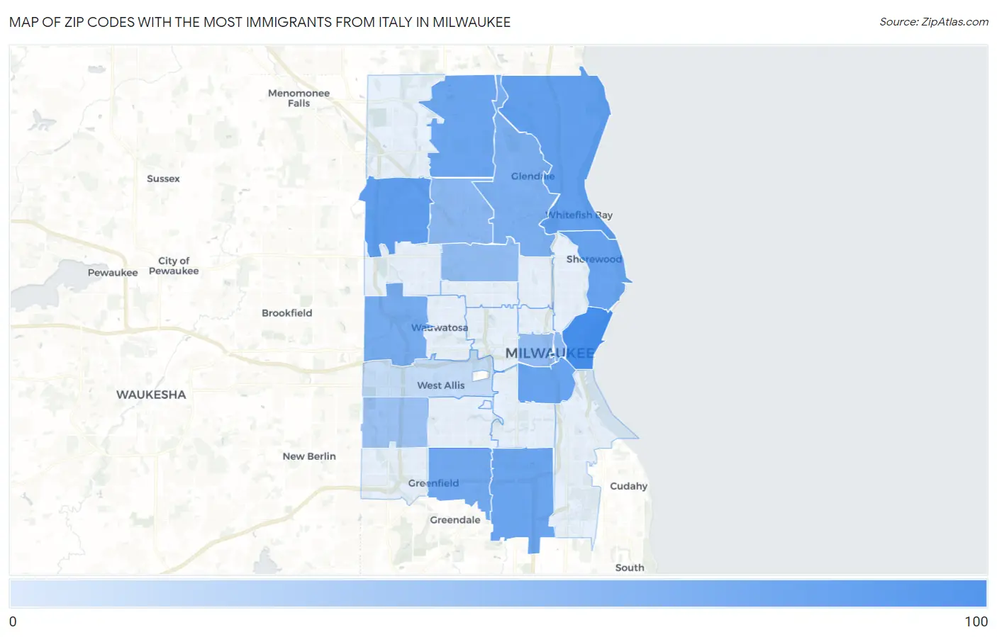 Zip Codes with the Most Immigrants from Italy in Milwaukee Map