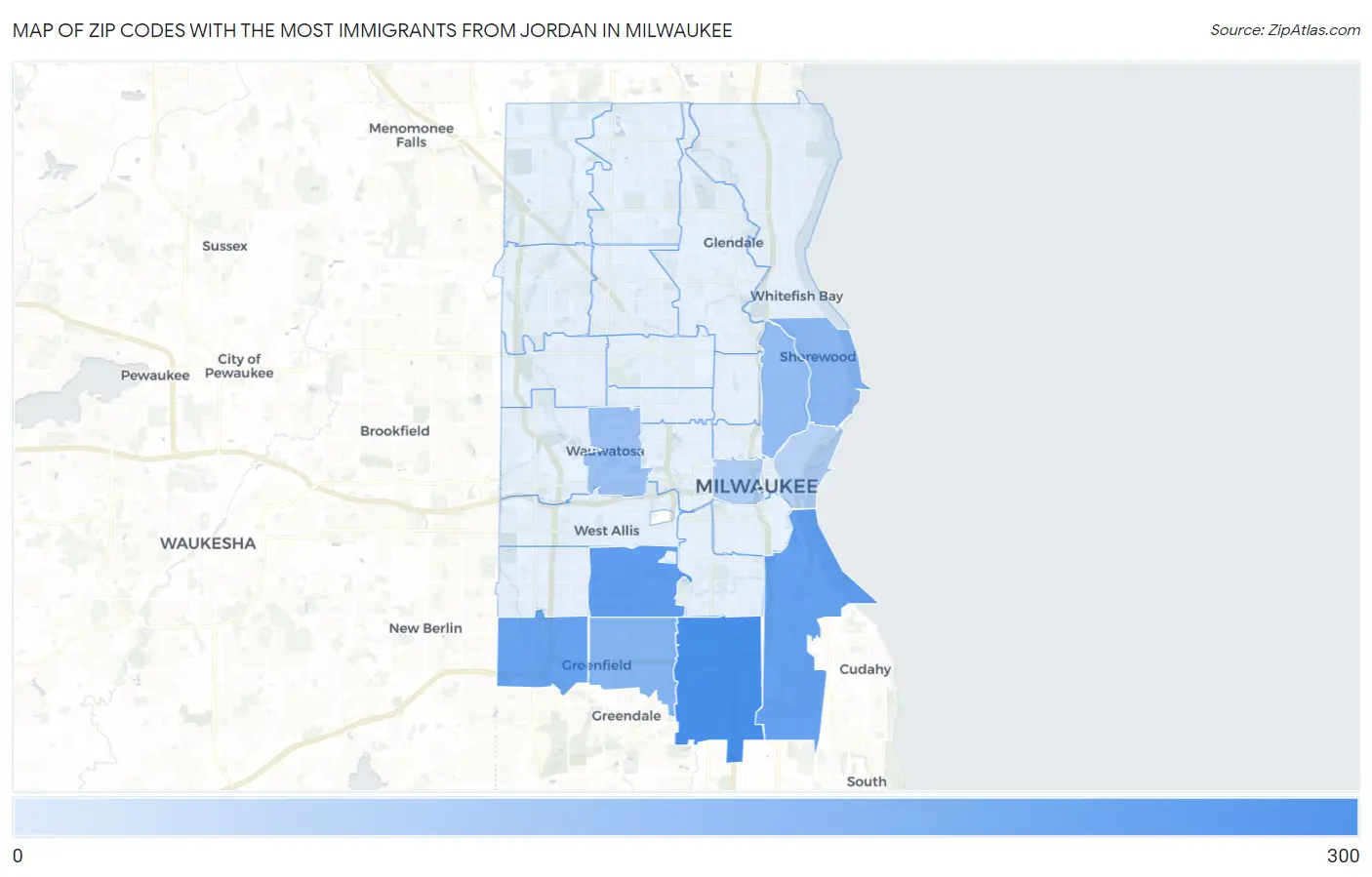 Zip Codes with the Most Immigrants from Jordan in Milwaukee Map