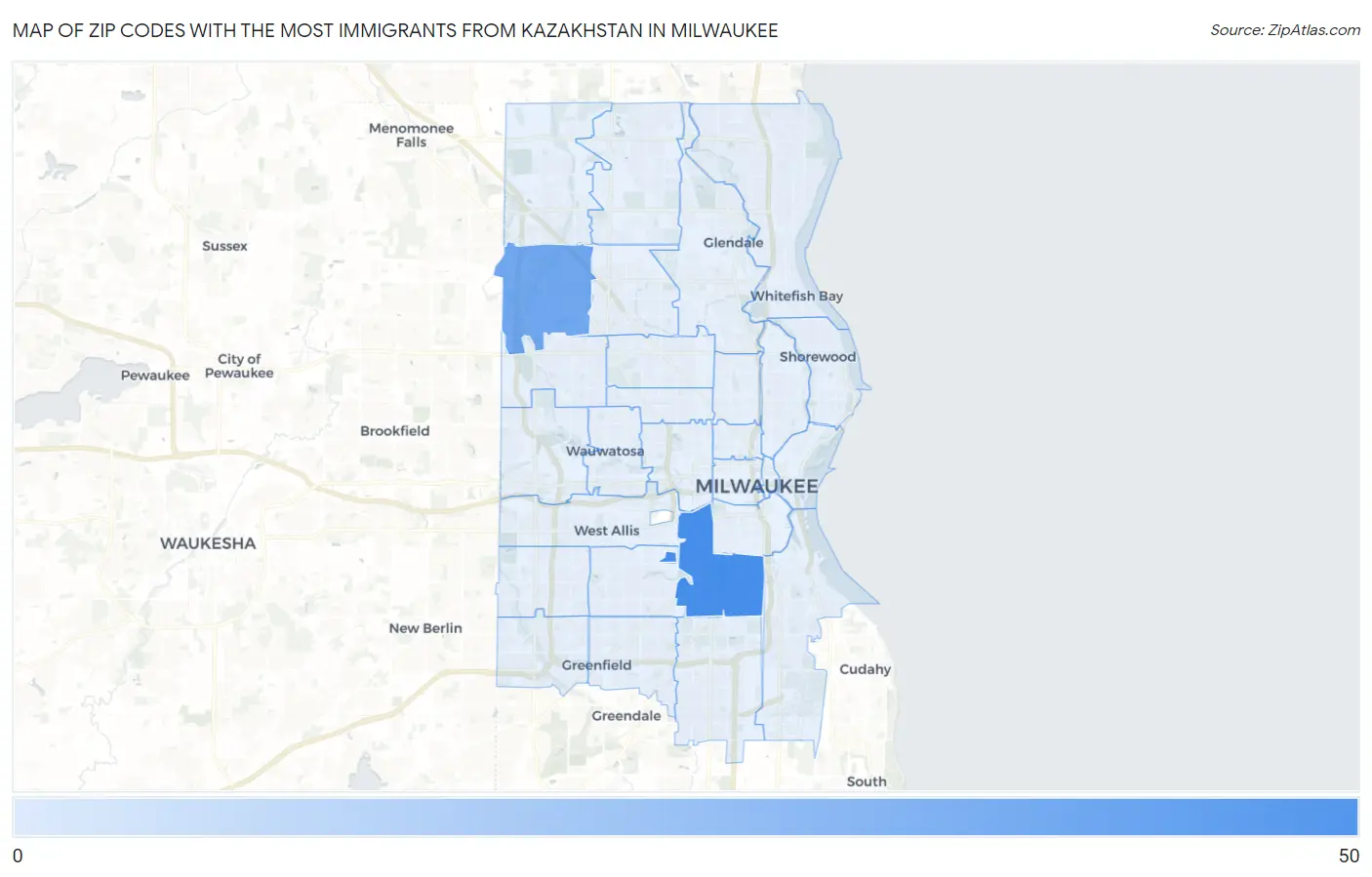 Zip Codes with the Most Immigrants from Kazakhstan in Milwaukee Map