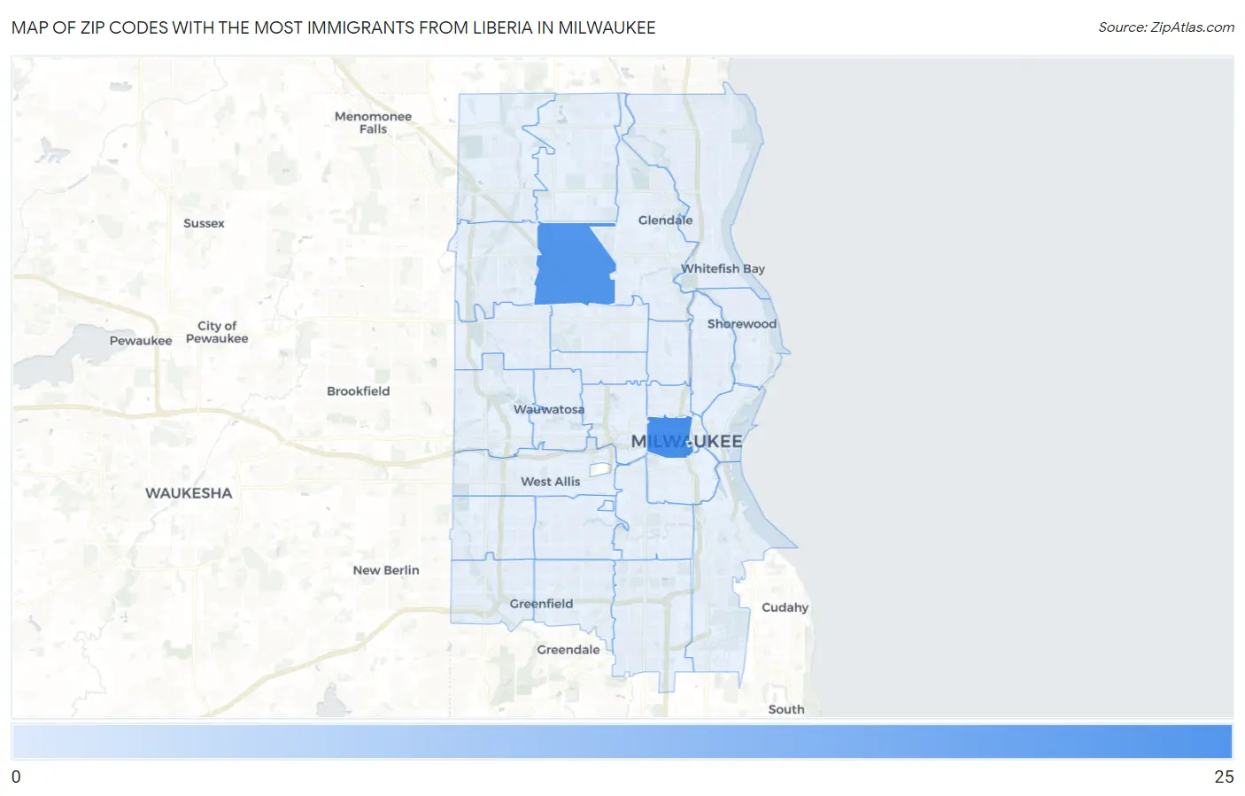 Zip Codes with the Most Immigrants from Liberia in Milwaukee Map