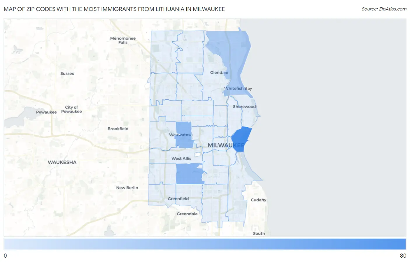 Zip Codes with the Most Immigrants from Lithuania in Milwaukee Map