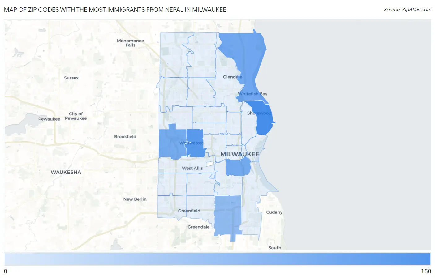 Zip Codes with the Most Immigrants from Nepal in Milwaukee Map