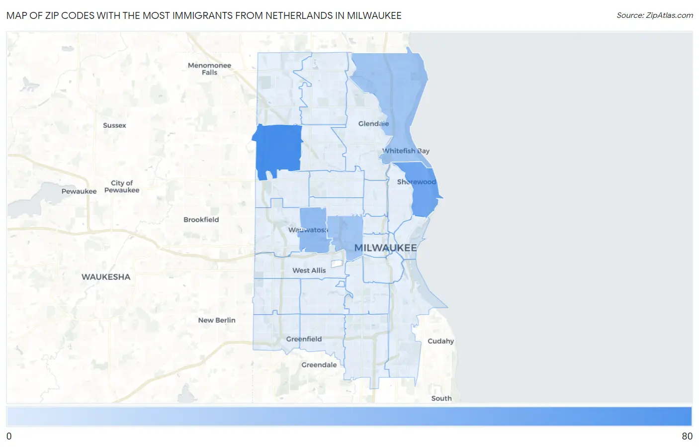 Zip Codes with the Most Immigrants from Netherlands in Milwaukee Map