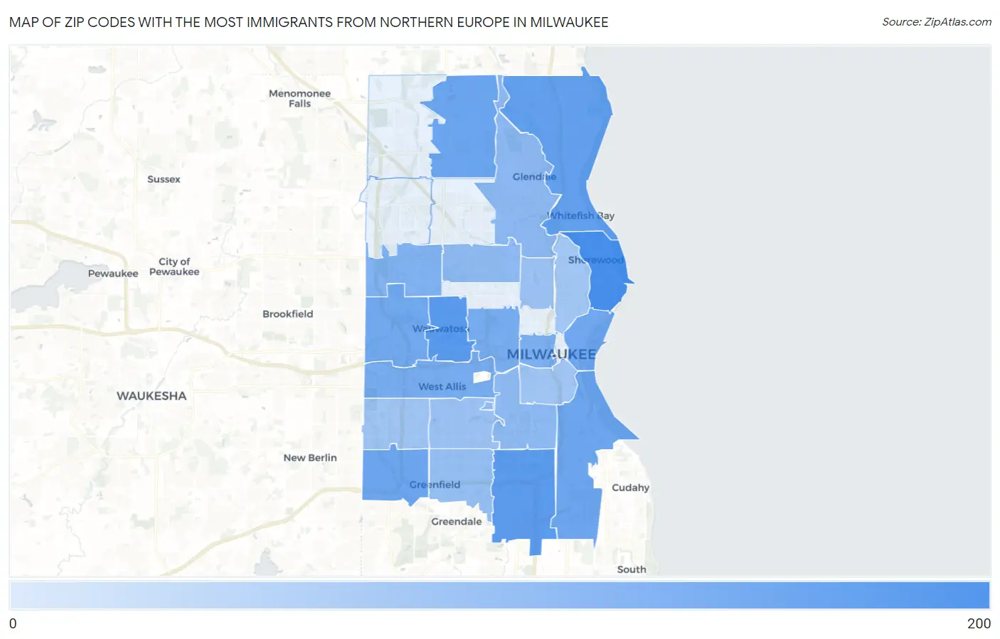 Zip Codes with the Most Immigrants from Northern Europe in Milwaukee Map