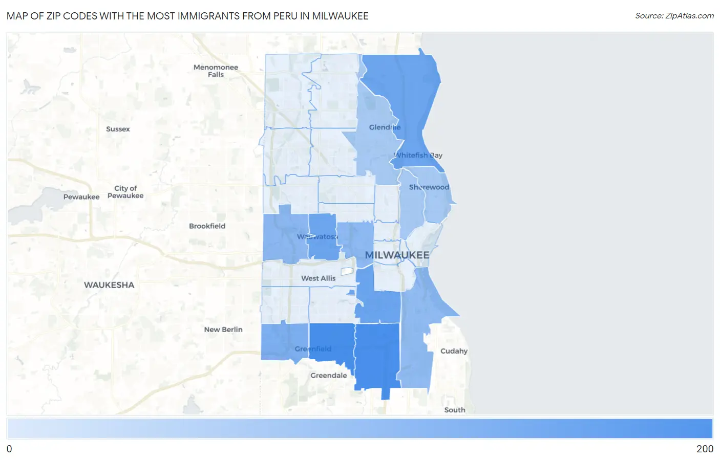 Zip Codes with the Most Immigrants from Peru in Milwaukee Map