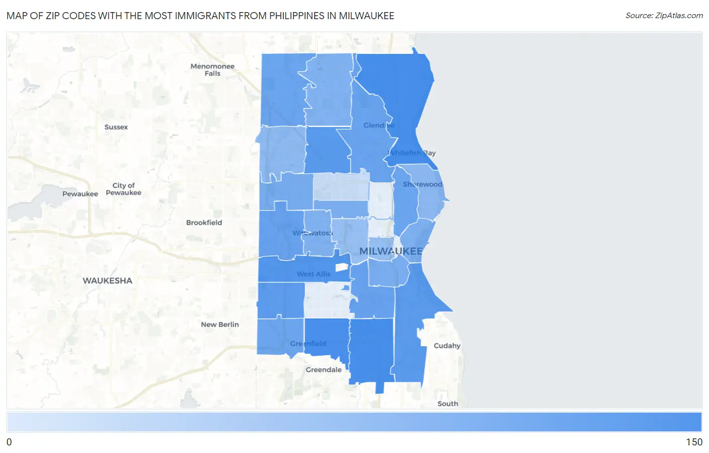 Zip Codes with the Most Immigrants from Philippines in Milwaukee Map