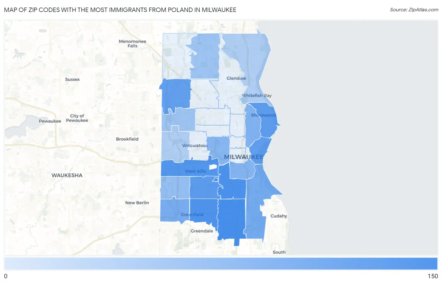 Zip Codes with the Most Immigrants from Poland in Milwaukee Map