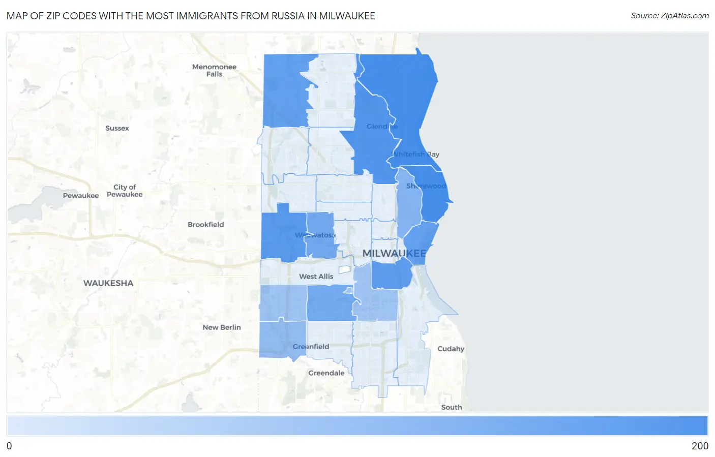 Zip Codes with the Most Immigrants from Russia in Milwaukee Map