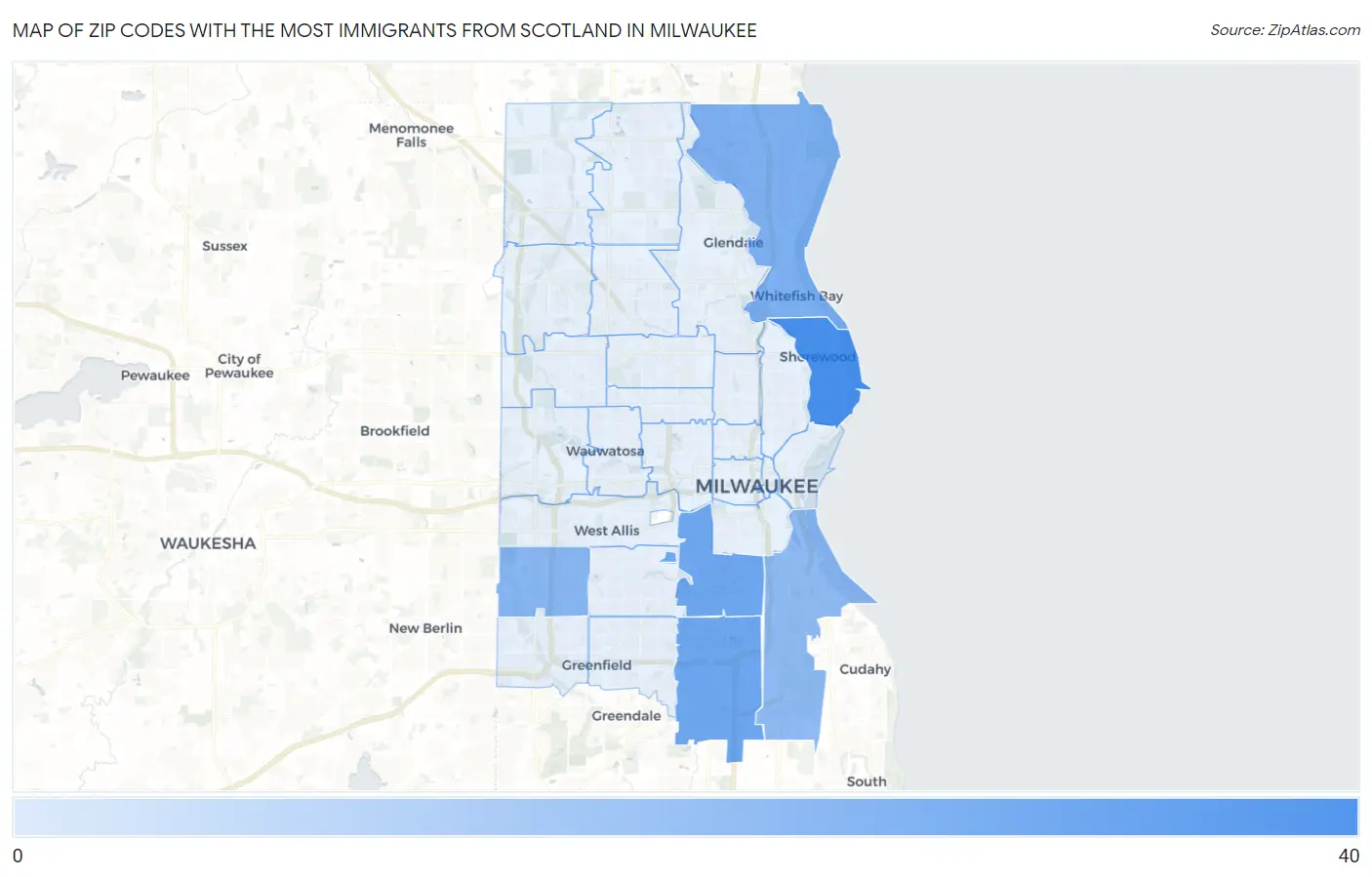 Zip Codes with the Most Immigrants from Scotland in Milwaukee Map