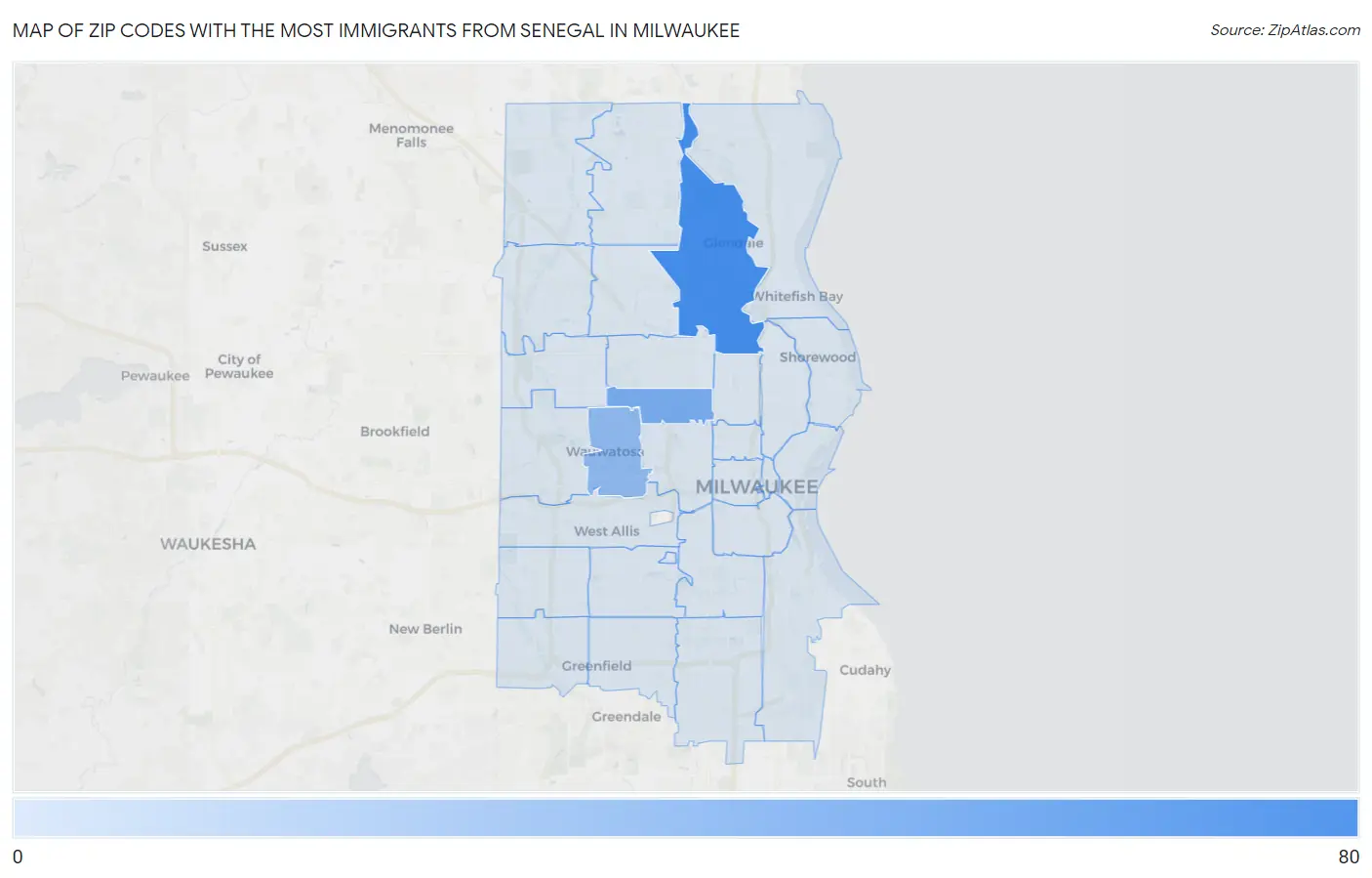 Zip Codes with the Most Immigrants from Senegal in Milwaukee Map