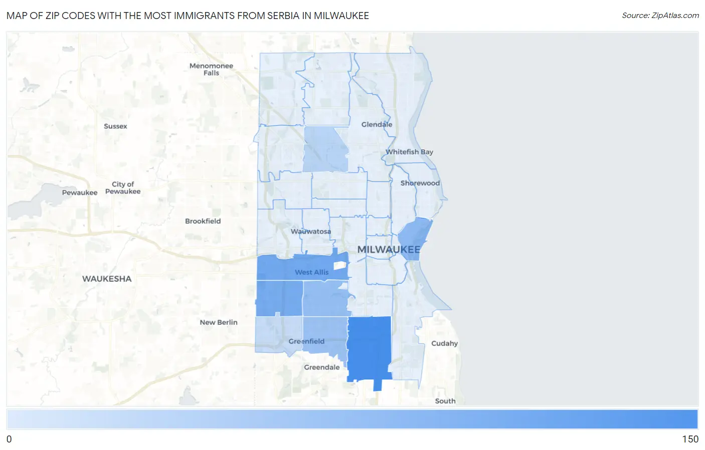 Zip Codes with the Most Immigrants from Serbia in Milwaukee Map