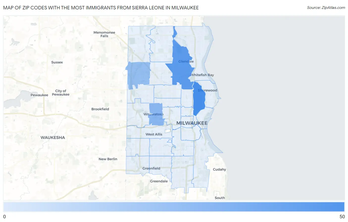 Zip Codes with the Most Immigrants from Sierra Leone in Milwaukee Map