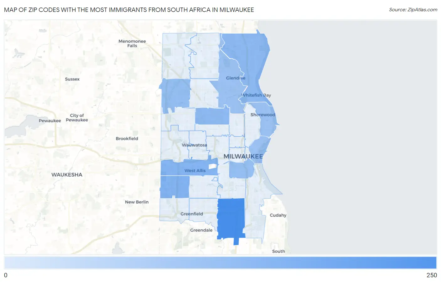 Zip Codes with the Most Immigrants from South Africa in Milwaukee Map
