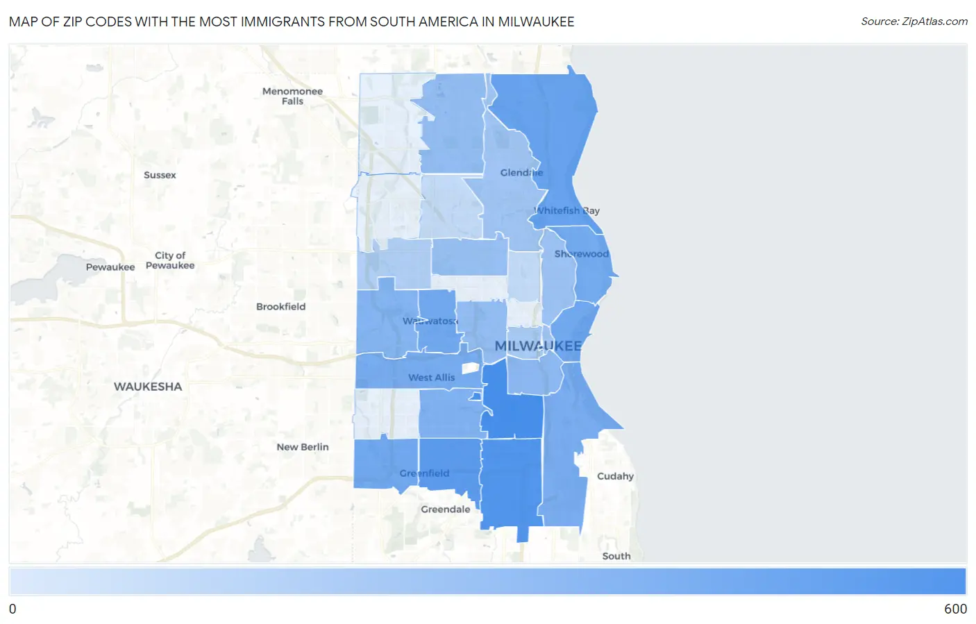 Zip Codes with the Most Immigrants from South America in Milwaukee Map