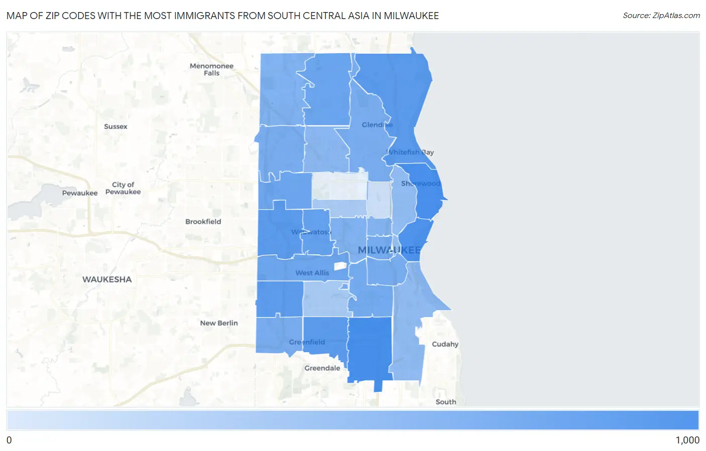 Zip Codes with the Most Immigrants from South Central Asia in Milwaukee Map