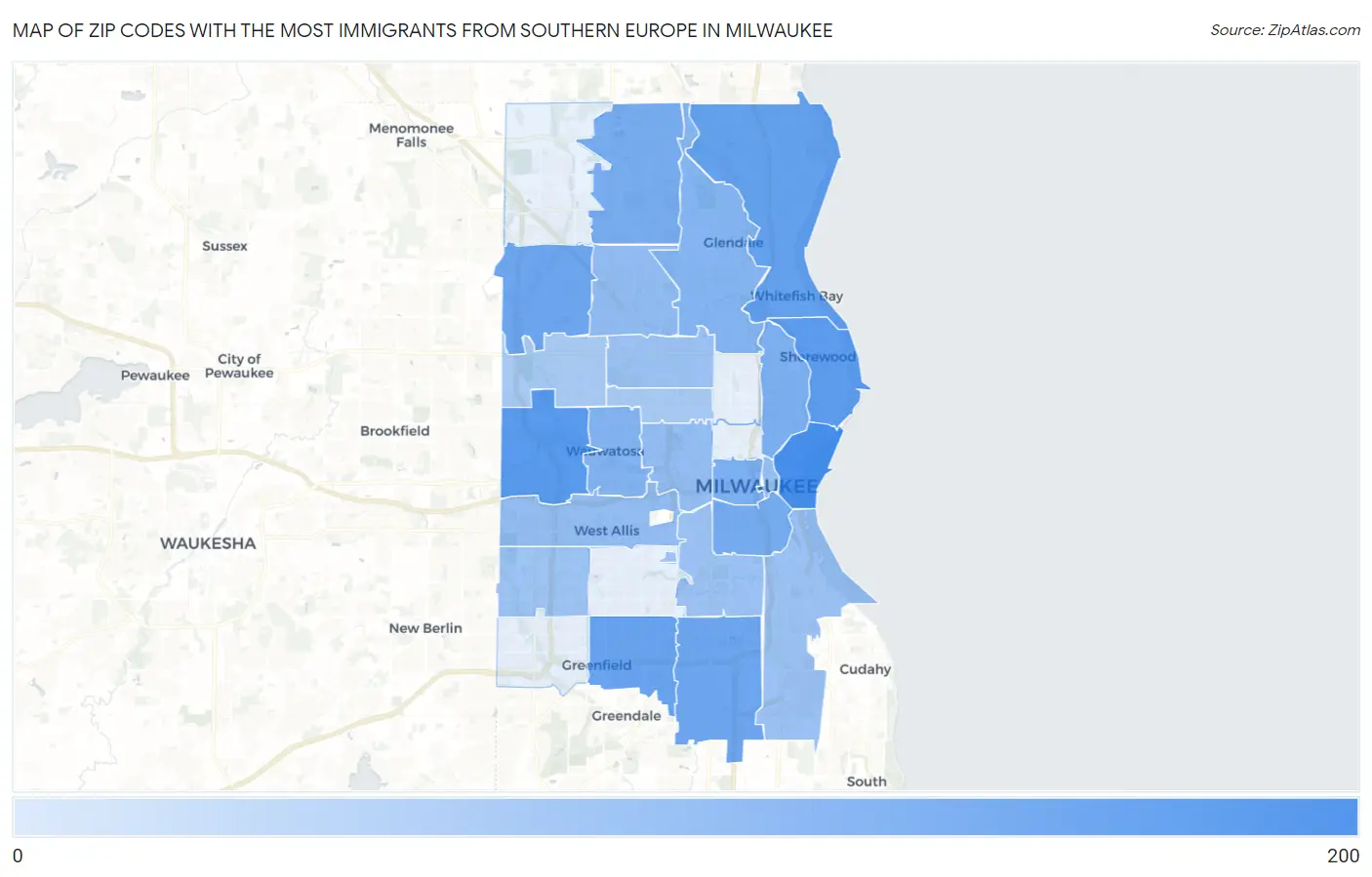Zip Codes with the Most Immigrants from Southern Europe in Milwaukee Map