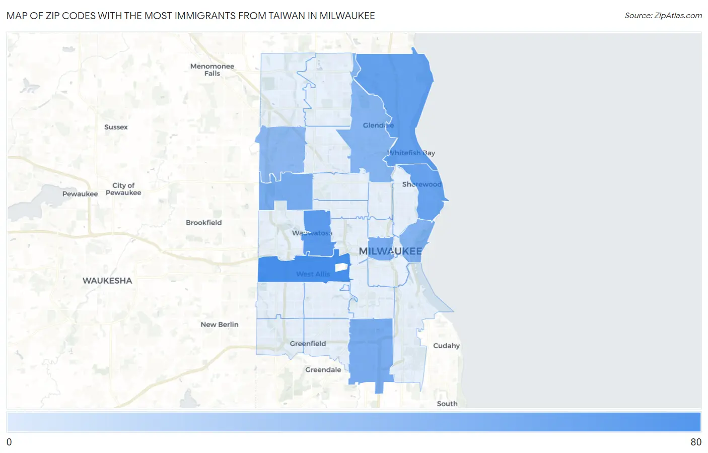 Zip Codes with the Most Immigrants from Taiwan in Milwaukee Map