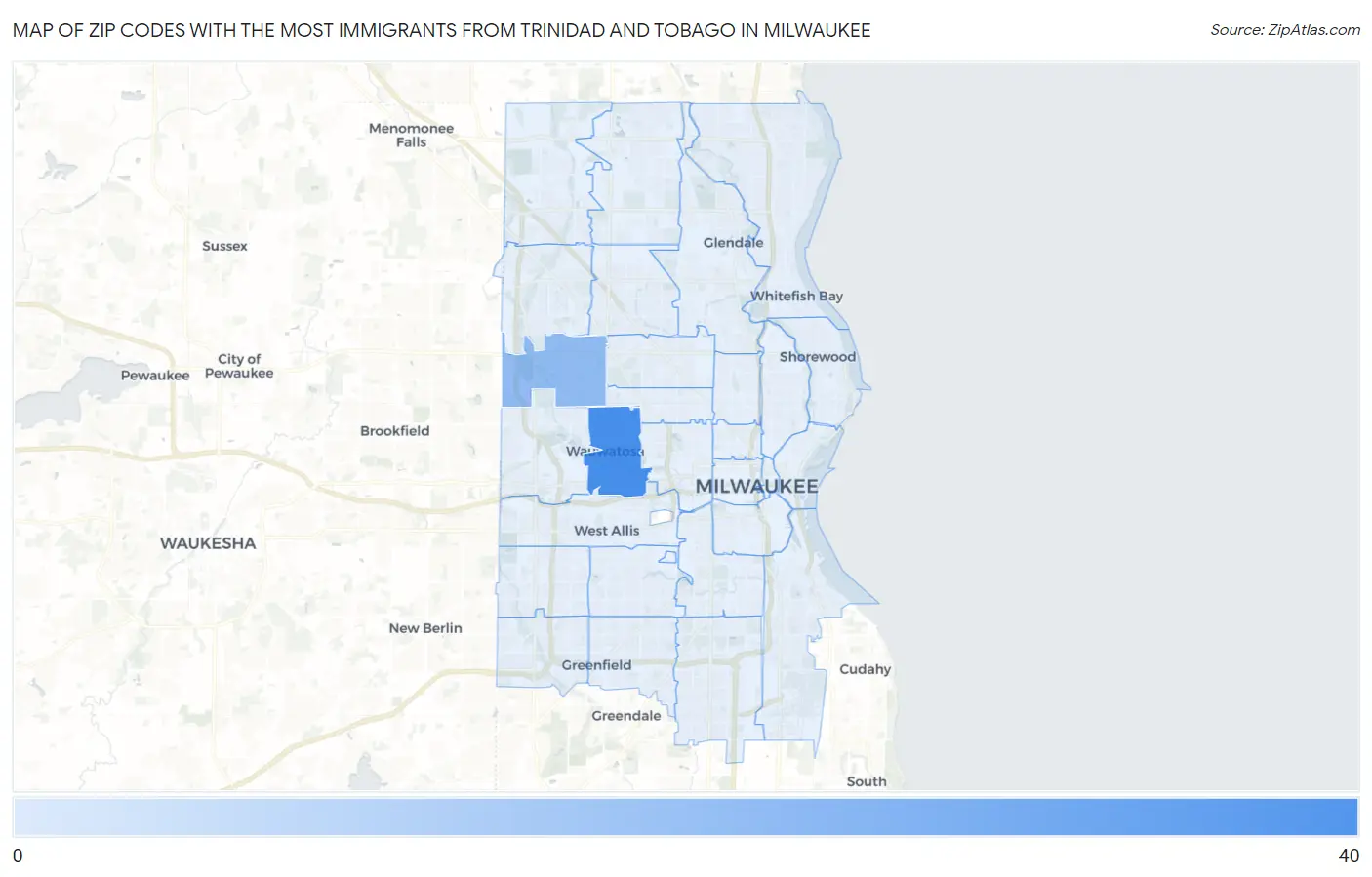 Zip Codes with the Most Immigrants from Trinidad and Tobago in Milwaukee Map