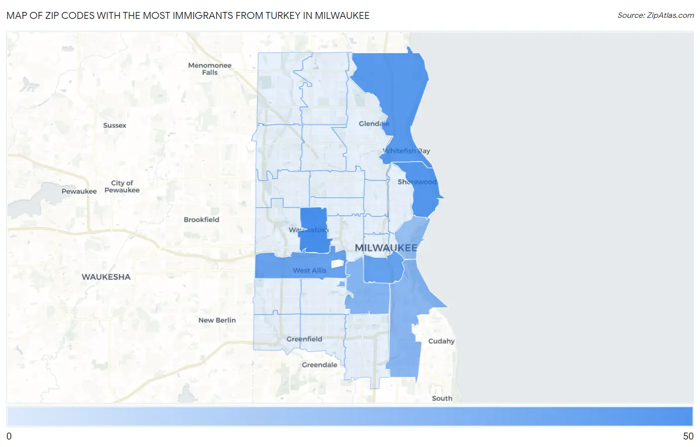 Zip Codes with the Most Immigrants from Turkey in Milwaukee Map