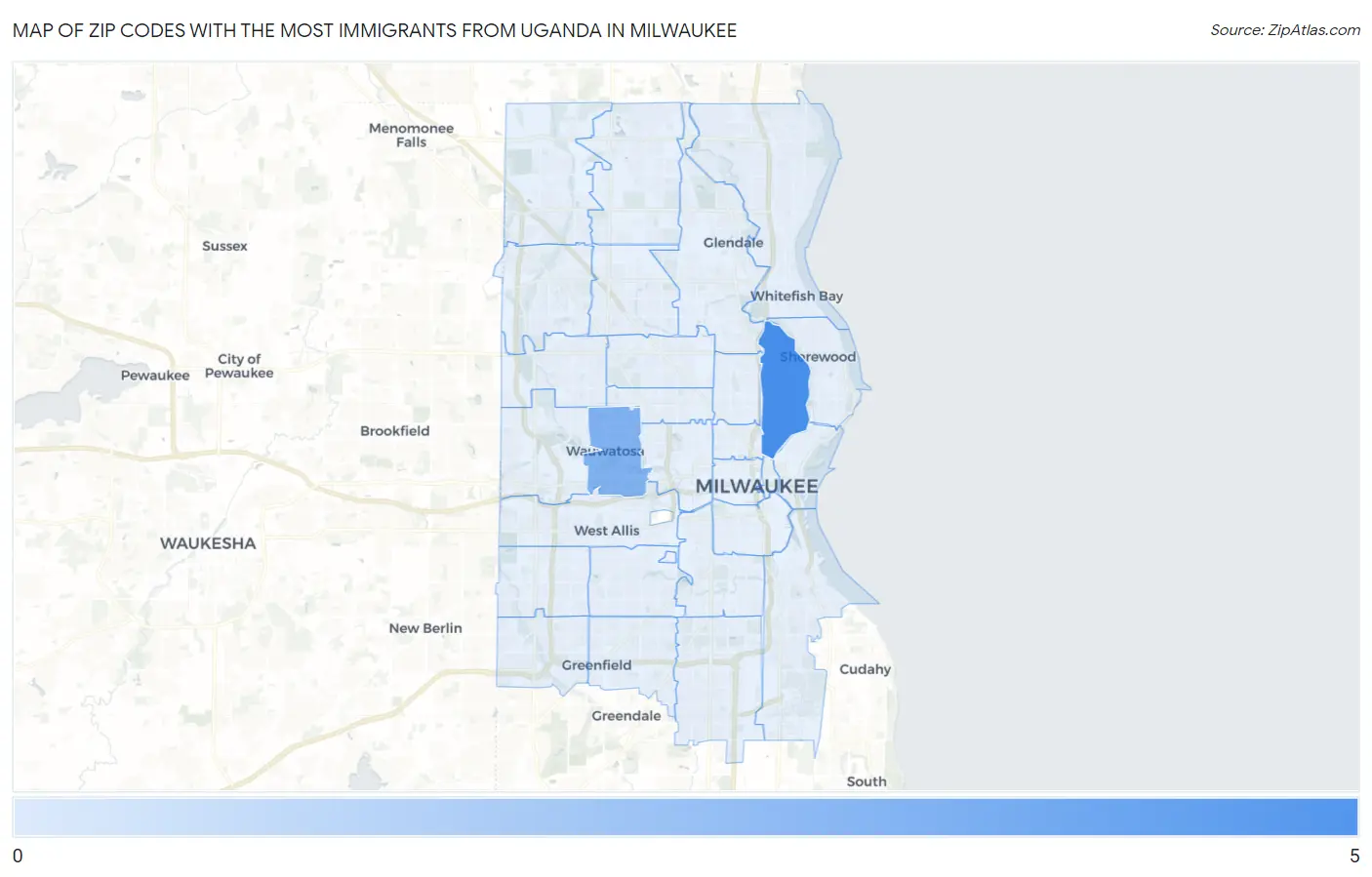 Zip Codes with the Most Immigrants from Uganda in Milwaukee Map