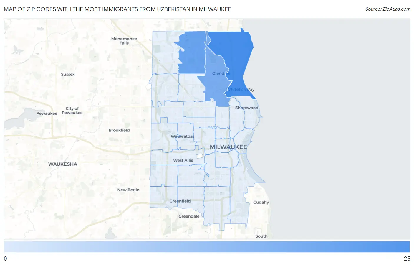 Zip Codes with the Most Immigrants from Uzbekistan in Milwaukee Map