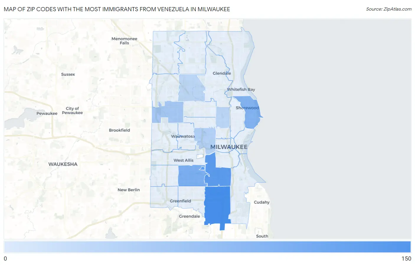 Zip Codes with the Most Immigrants from Venezuela in Milwaukee Map