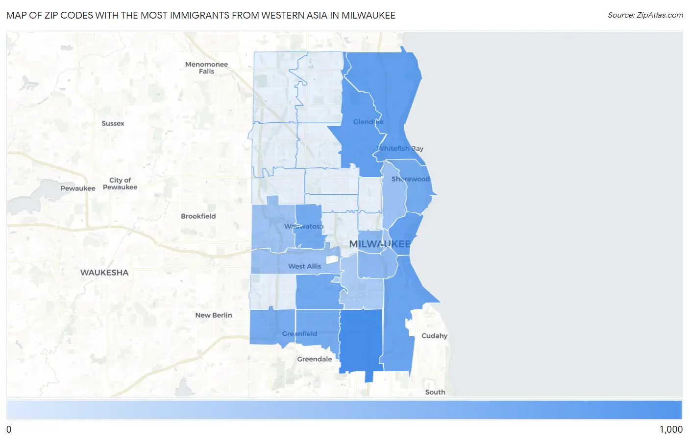 Zip Codes with the Most Immigrants from Western Asia in Milwaukee Map