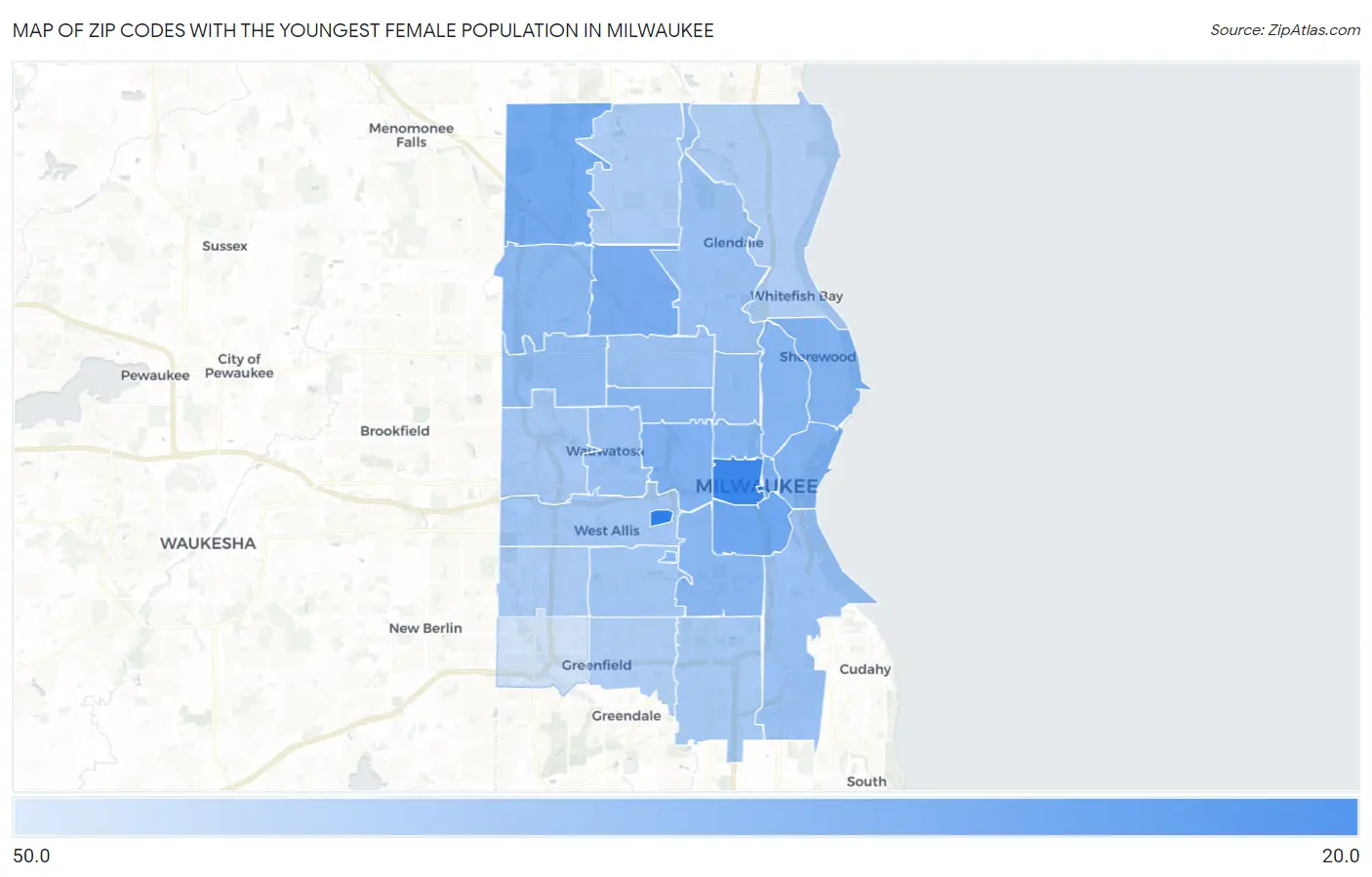 Zip Codes with the Youngest Female Population in Milwaukee Map