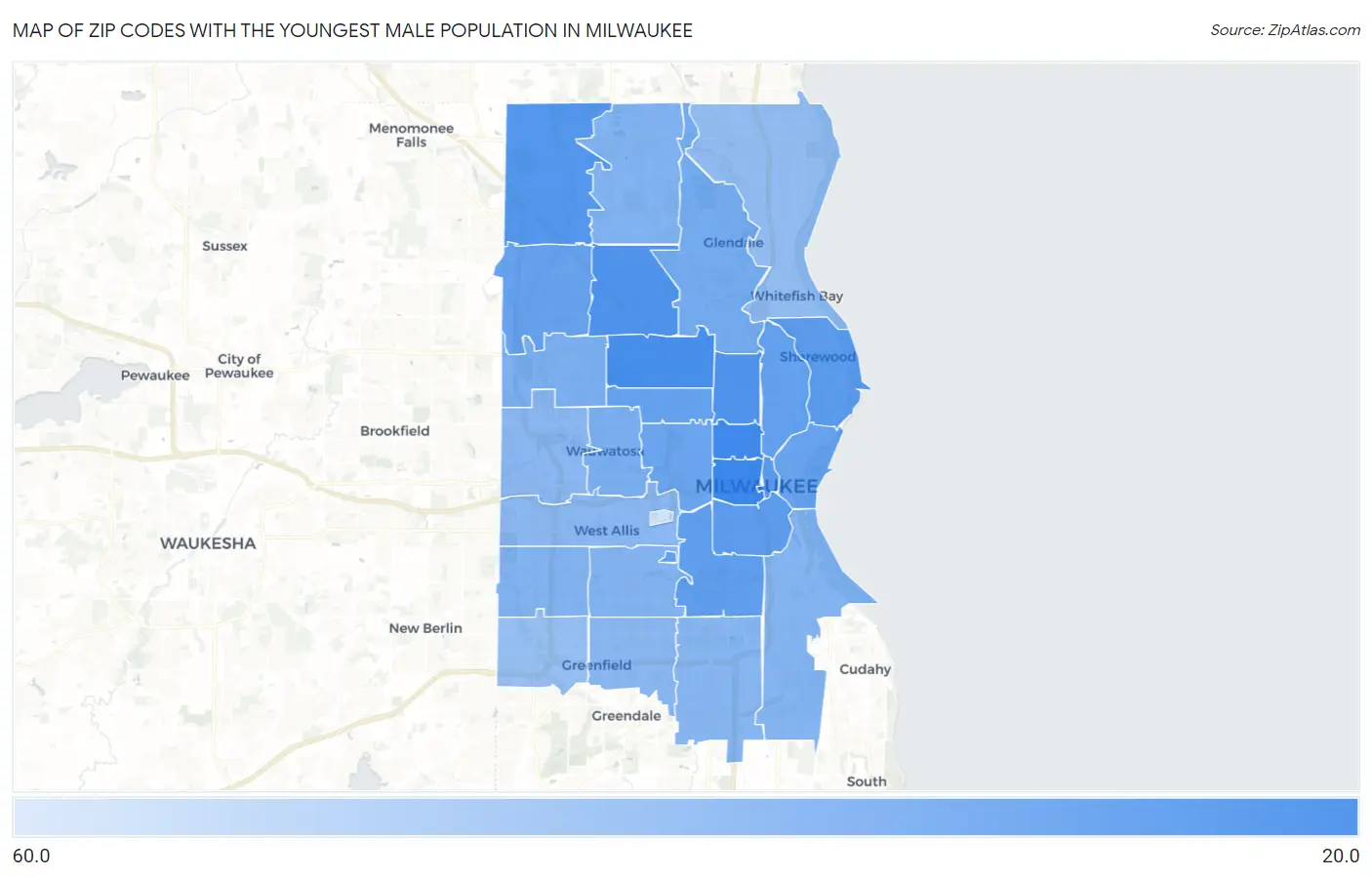 Zip Codes with the Youngest Male Population in Milwaukee Map
