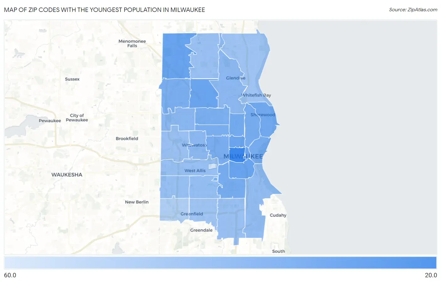 Zip Codes with the Youngest Population in Milwaukee Map