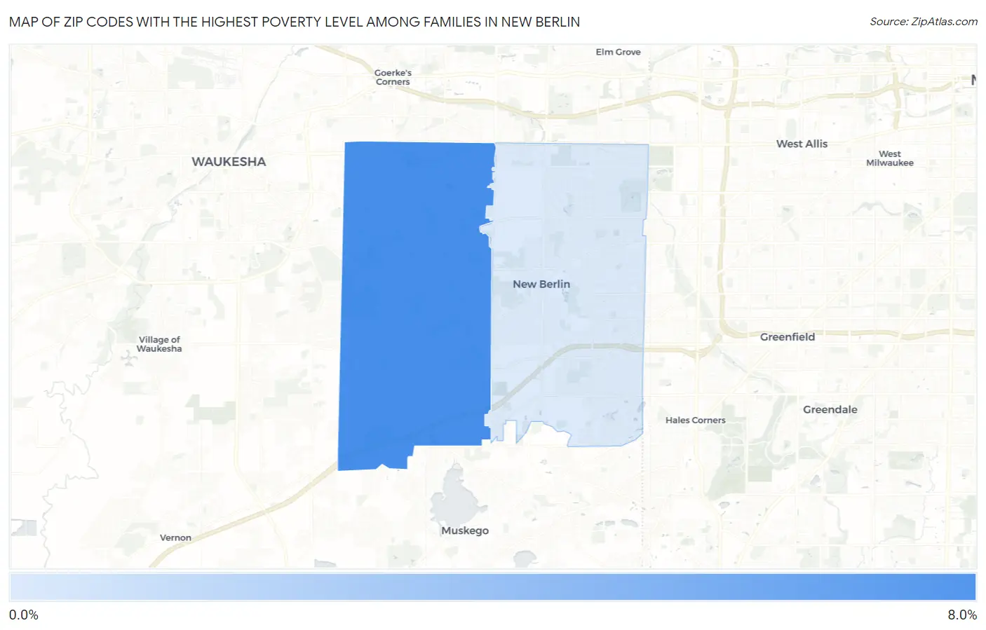 Zip Codes with the Highest Poverty Level Among Families in New Berlin Map