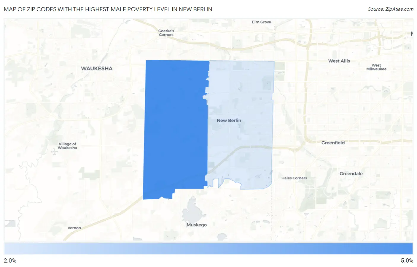 Zip Codes with the Highest Male Poverty Level in New Berlin Map