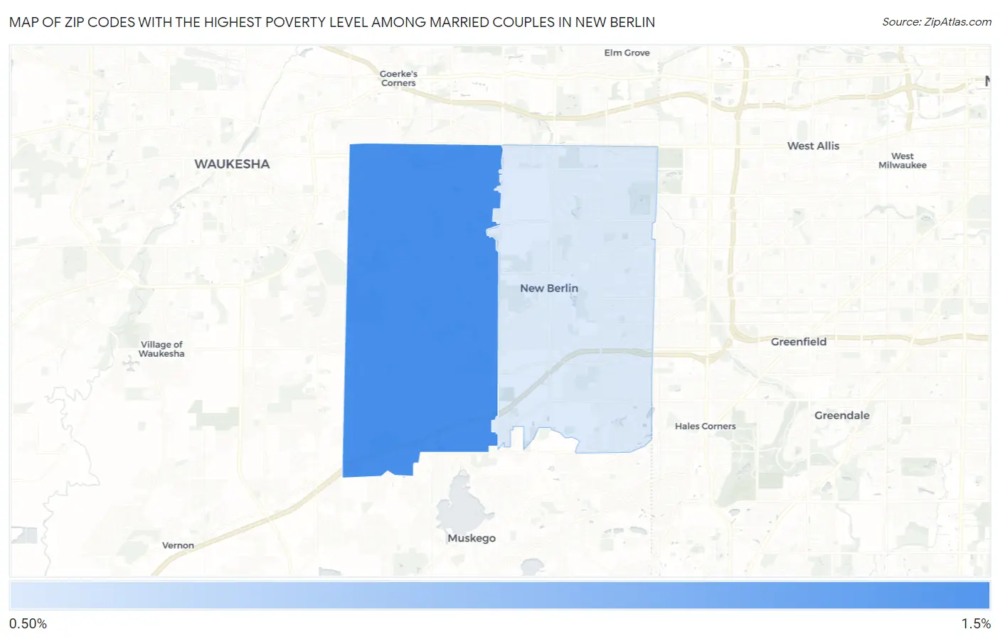 Zip Codes with the Highest Poverty Level Among Married Couples in New Berlin Map