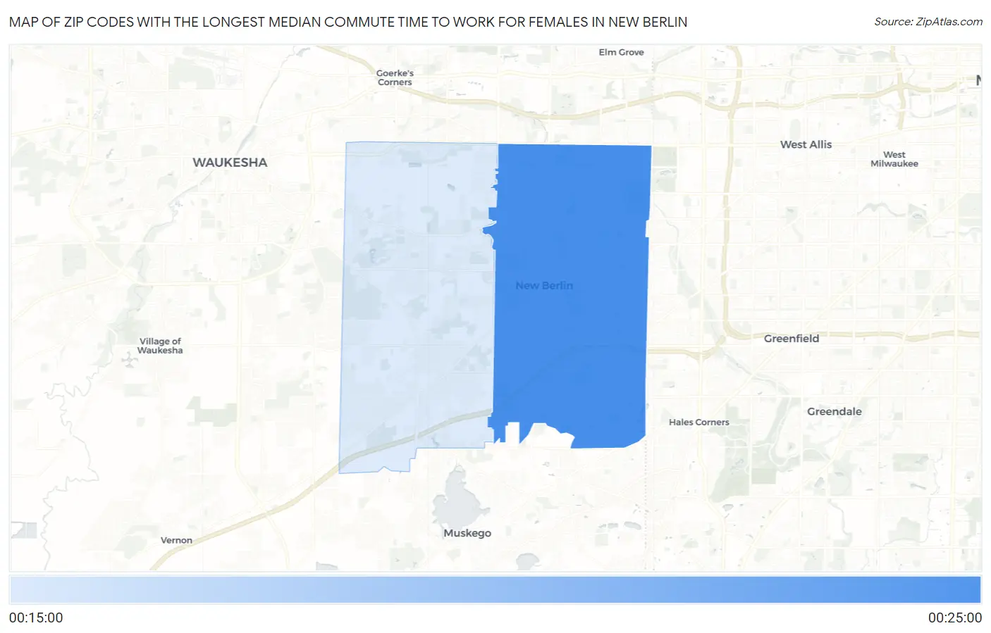 Zip Codes with the Longest Median Commute Time to Work for Females in New Berlin Map