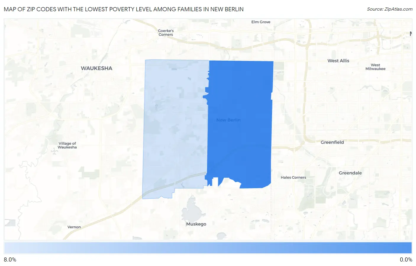 Zip Codes with the Lowest Poverty Level Among Families in New Berlin Map