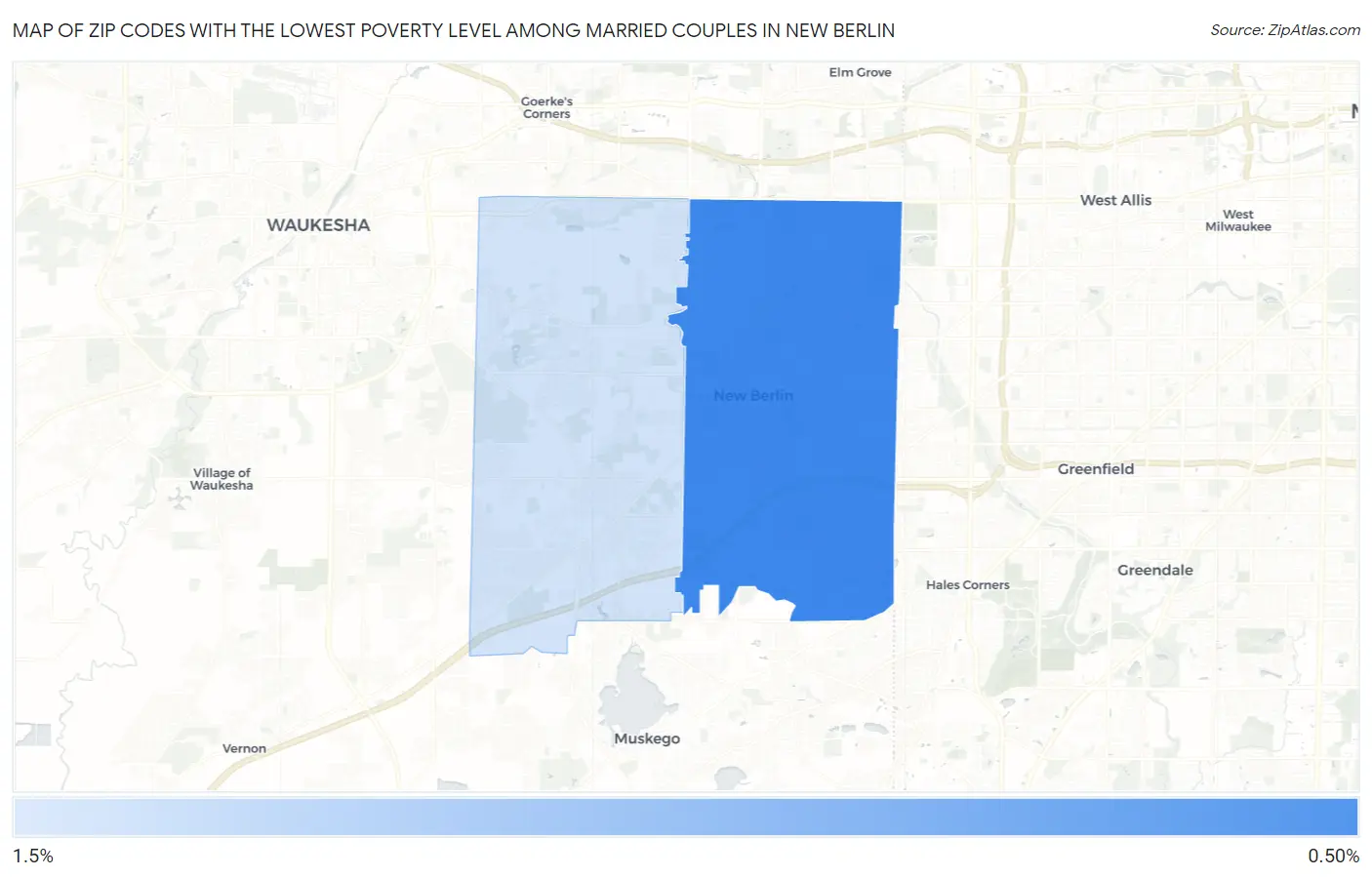Zip Codes with the Lowest Poverty Level Among Married Couples in New Berlin Map
