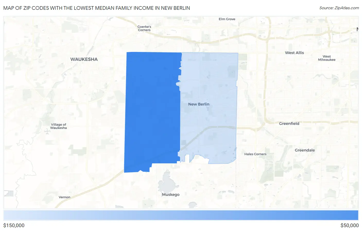 Zip Codes with the Lowest Median Family Income in New Berlin Map