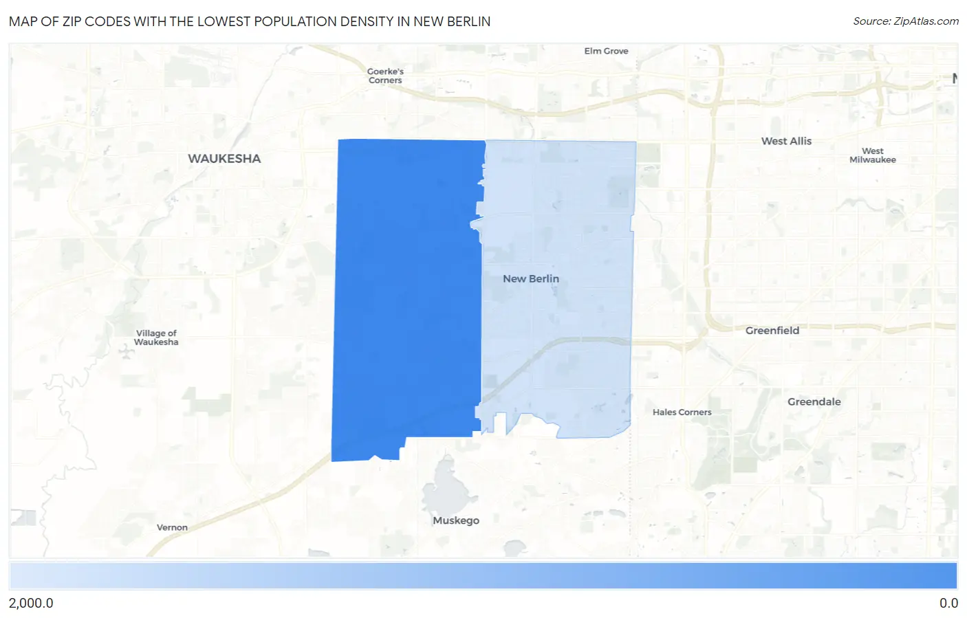 Zip Codes with the Lowest Population Density in New Berlin Map