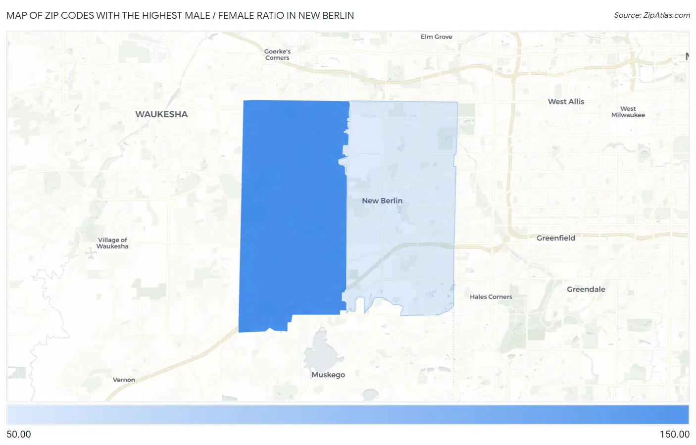 Zip Codes with the Highest Male / Female Ratio in New Berlin Map