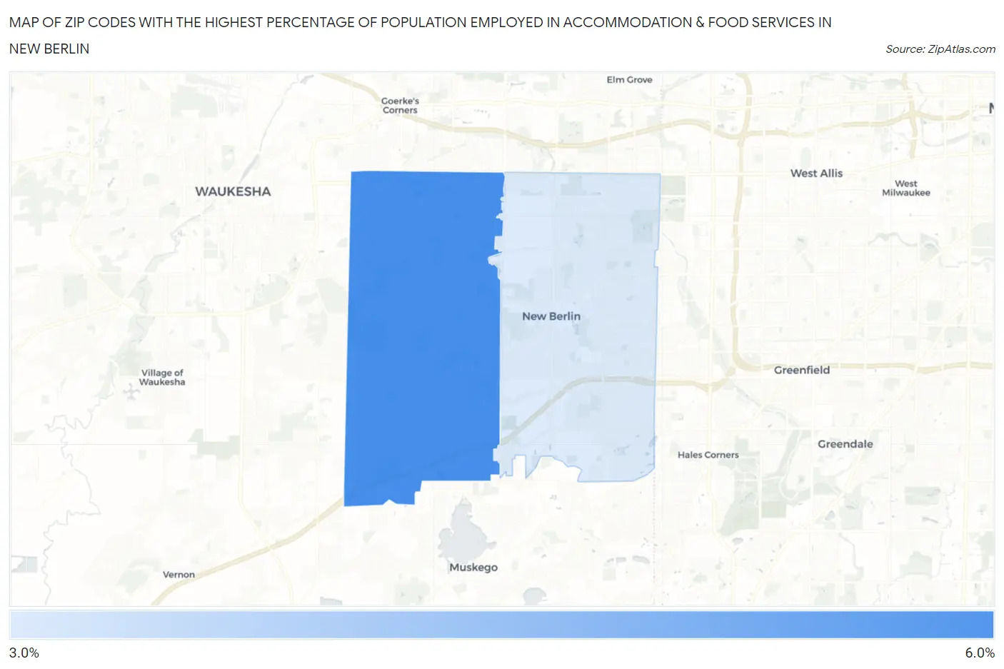 Zip Codes with the Highest Percentage of Population Employed in Accommodation & Food Services in New Berlin Map
