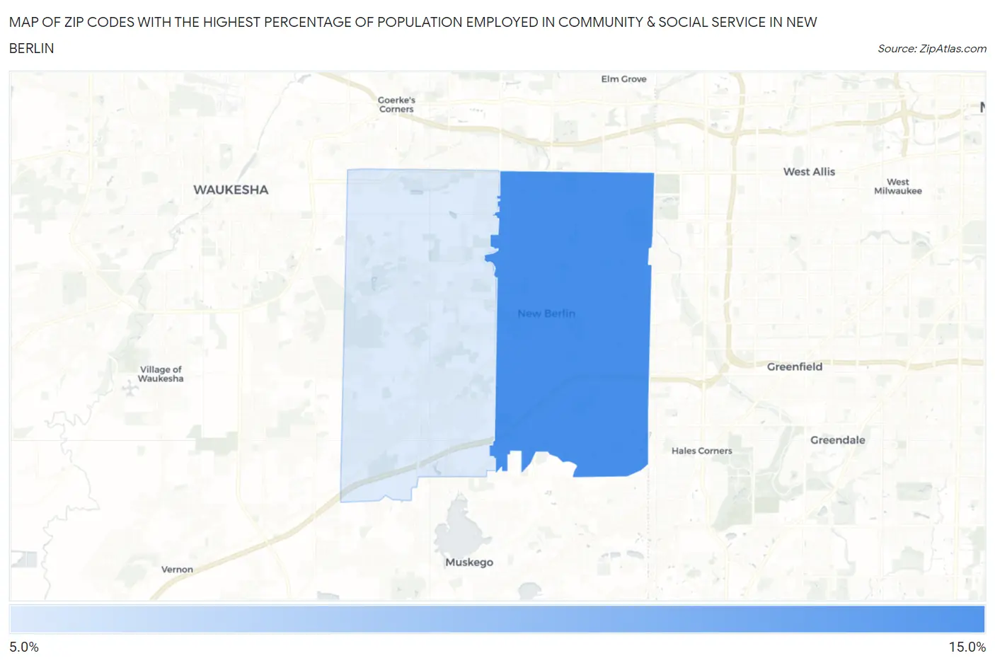 Zip Codes with the Highest Percentage of Population Employed in Community & Social Service  in New Berlin Map