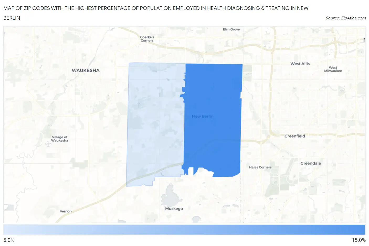 Zip Codes with the Highest Percentage of Population Employed in Health Diagnosing & Treating in New Berlin Map