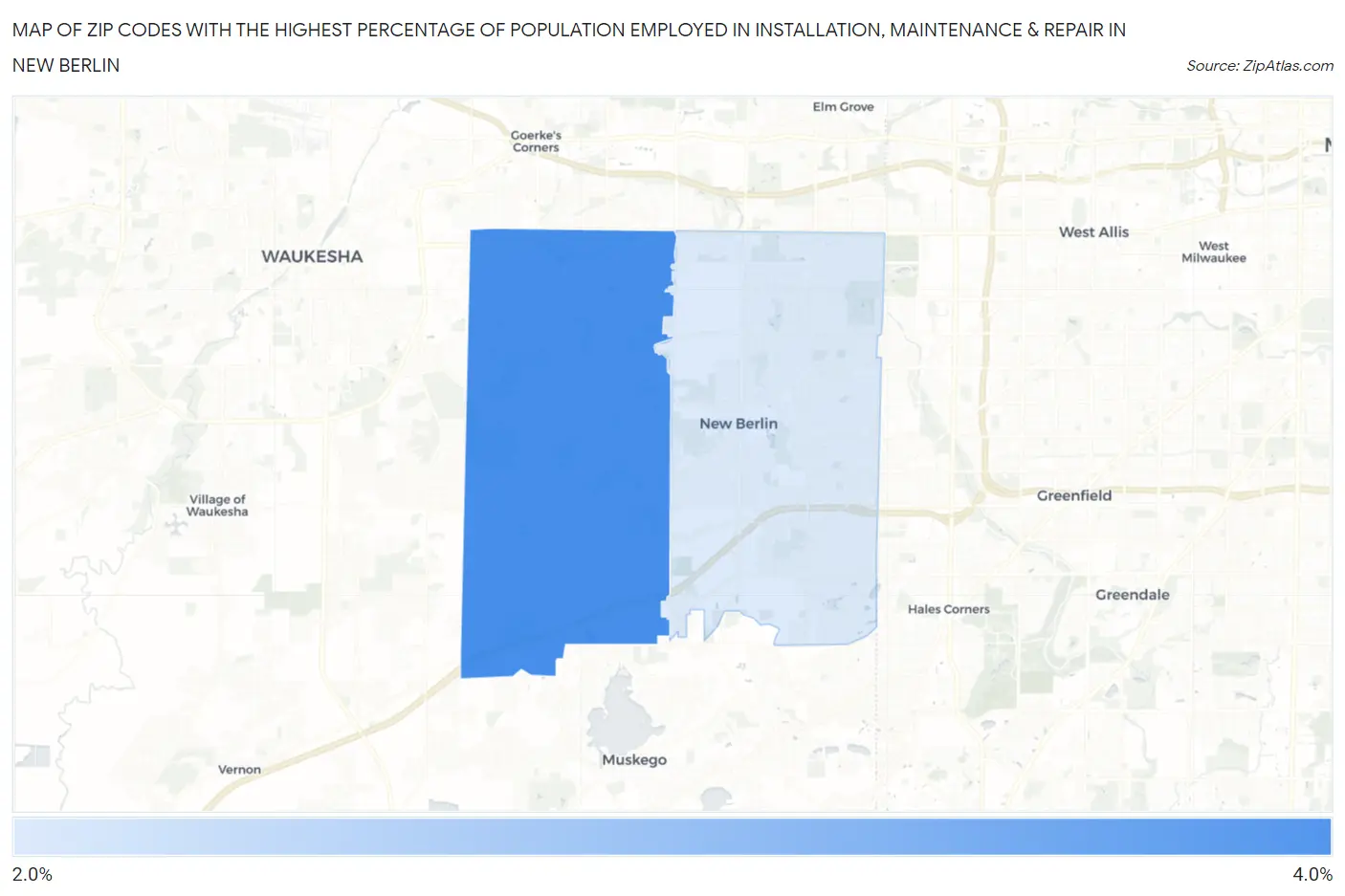 Zip Codes with the Highest Percentage of Population Employed in Installation, Maintenance & Repair in New Berlin Map