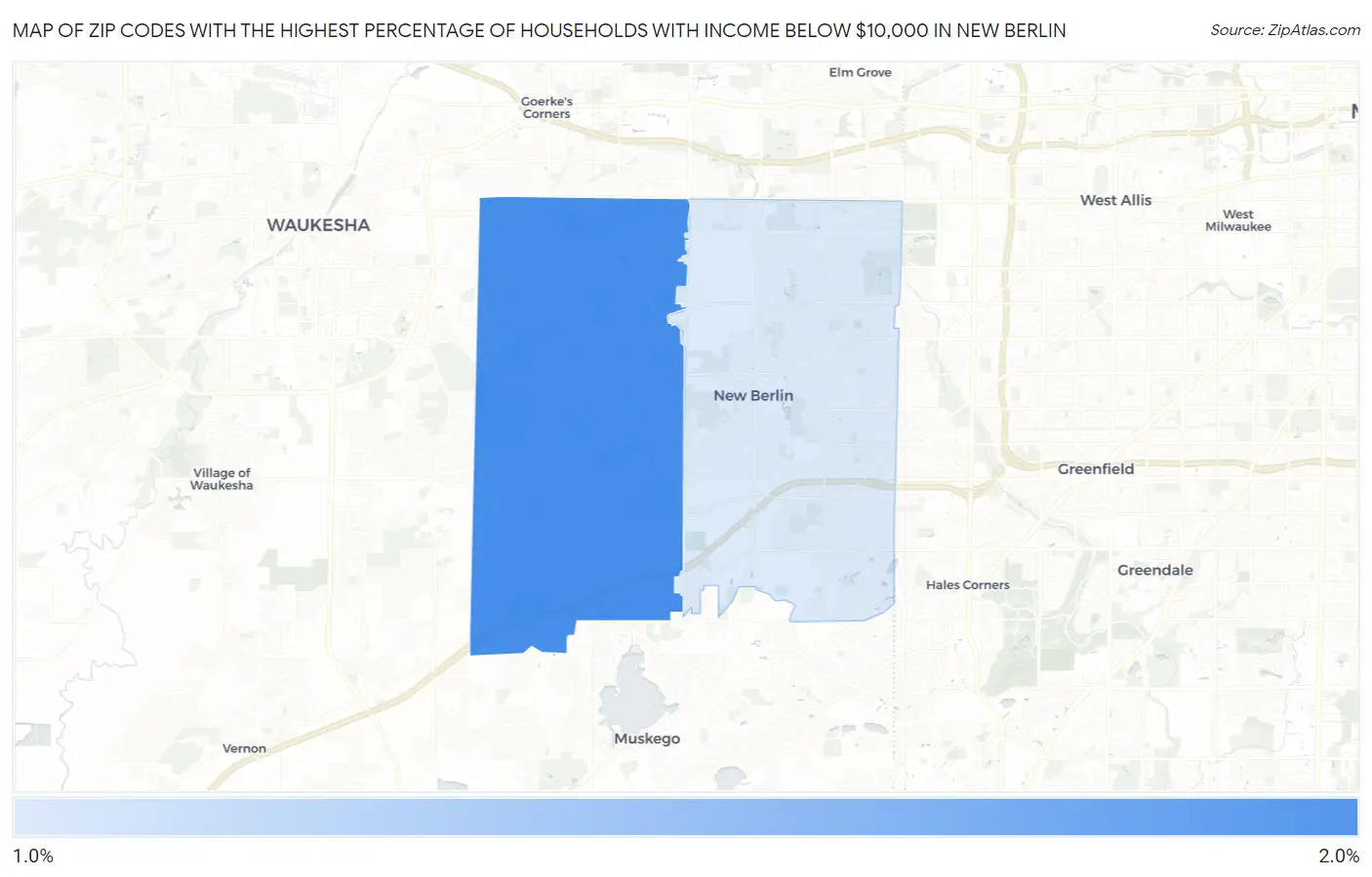 Zip Codes with the Highest Percentage of Households with Income Below $10,000 in New Berlin Map