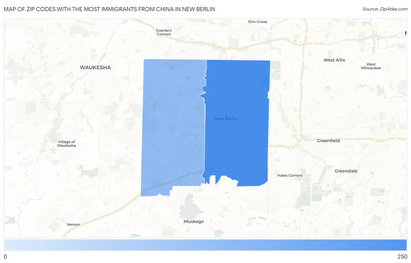 Zip Codes with the Most Immigrants from China in New Berlin Map