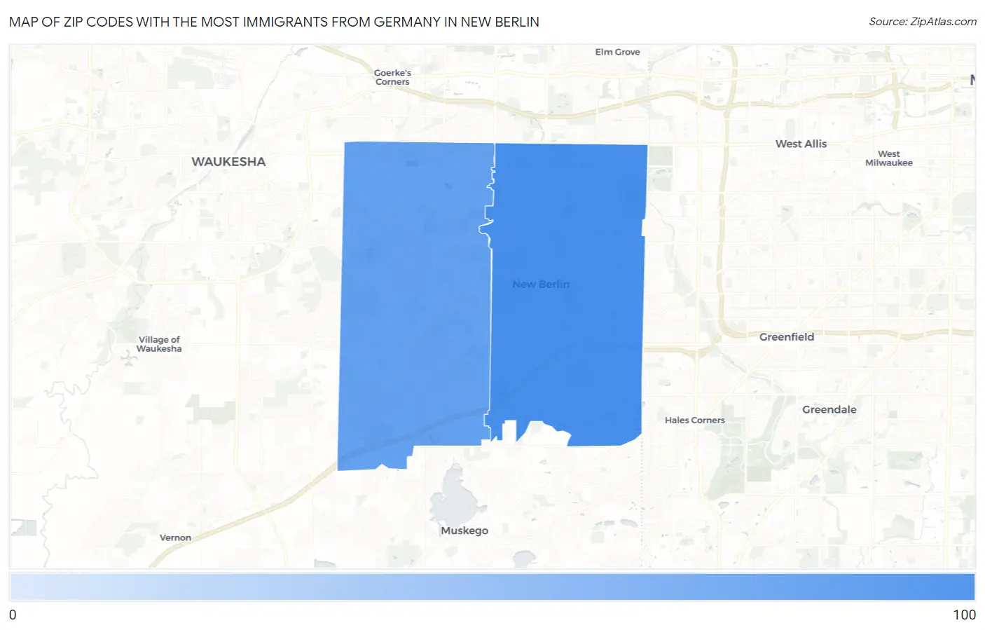 Zip Codes with the Most Immigrants from Germany in New Berlin Map