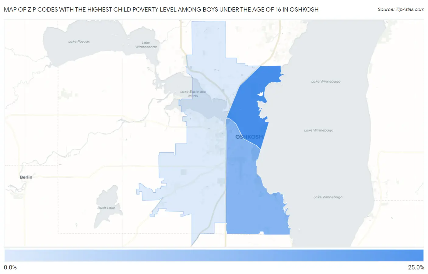Zip Codes with the Highest Child Poverty Level Among Boys Under the Age of 16 in Oshkosh Map