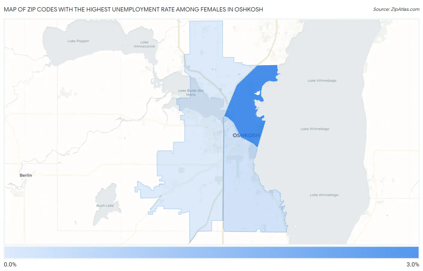 Zip Codes with the Highest Unemployment Rate Among Females in Oshkosh Map
