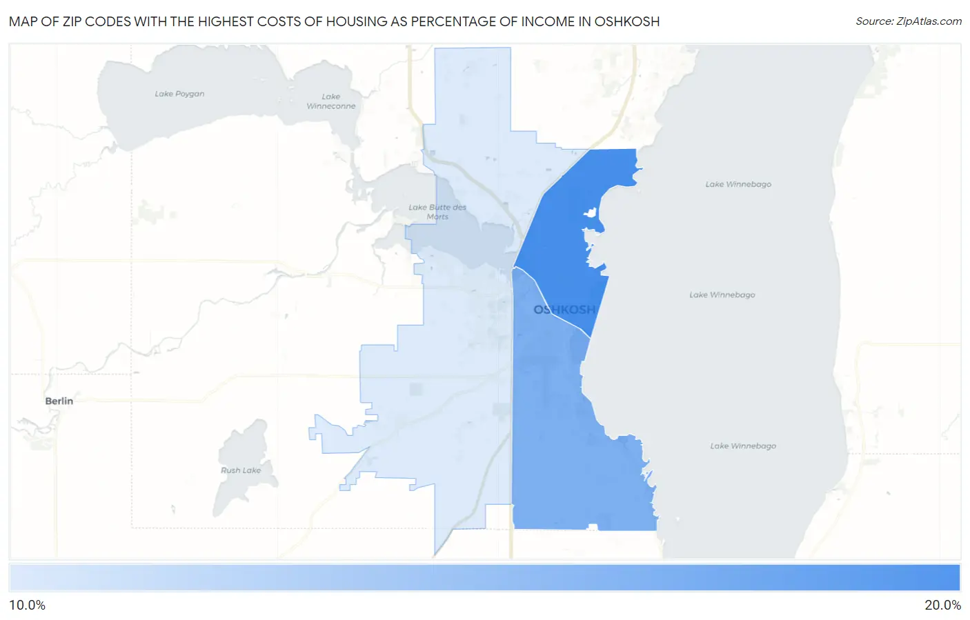 Zip Codes with the Highest Costs of Housing as Percentage of Income in Oshkosh Map